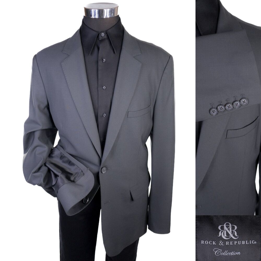 Rock & Republic Blazer 44L Gray Solid Sport Coat Suit Jacket Blazer Wool/Spandex